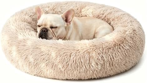 Calming Donut Dog Bed for Small Dogs, Anti-Anxiety Round Washable Plush Fluffy Faux Fur Large Cat Bed, 24 inches Fits up to 25 lbs Pets, Anti-Slip Waterproof Mute Base Light-Brown