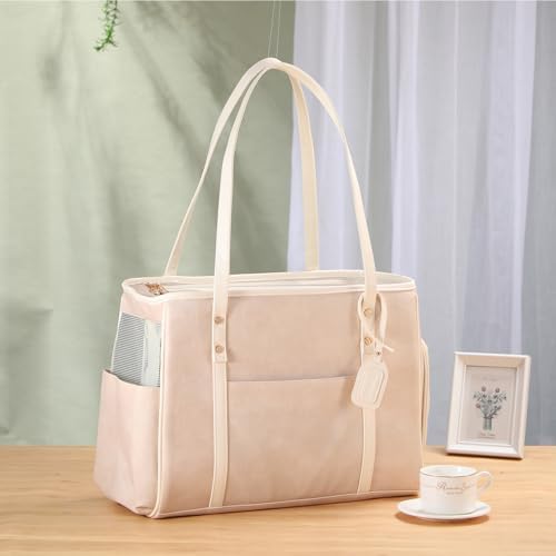 Fashion Dog Carrier Purse, Premium Leather Cat Carrier Bag, Airline Approved Soft Sided Pet Travel Tote Bag with Pockets Beige
