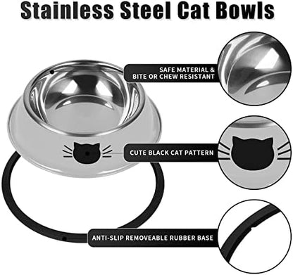 Serentive 4 Pcs Non-Slip Stainless Steel Small Cat Food Bowls - Unbreakable, Thicken 7 Oz Cat Dishes - Indoor, Removable Rubber Base, Easily Clean, Lovely Color