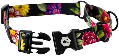 Wolfgang Heavy Duty Martingale Dog Collar with Quick Release Nylon Buckle for Walking & Training, DarkFloral Print, Large
