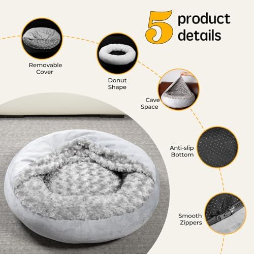Cave Dog Bed with Blanket Easy to Assemble Donut Round Plush Cozy Cat Pet Bed for Puppy Machine Washable Removable Cover Cat Anti-Slip Bottom Gray 26X26X8 inch