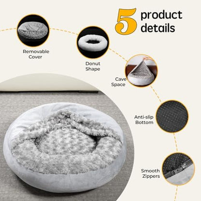 Cave Dog Bed with Blanket Easy to Assemble Donut Round Plush Cozy Cat Pet Bed for Puppy Machine Washable Removable Cover Cat Anti-Slip Bottom Gray 26X26X8 inch