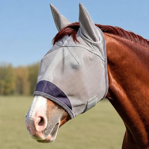 Horse Fly Mask, Super Comfort Fly Masks for Horses, Adjustable UV Protection Breathability Horses Fly Masks with Ears, Pony Mini Equine Fly Mask for Miniature Foal Draft Cob Srabian Full (Gray, XS)