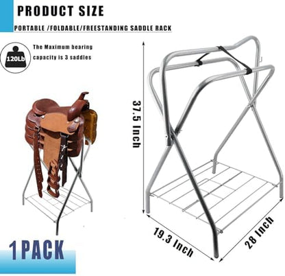 Saddle Rack Portable Folding Horse Saddle Stand for English and Western Saddles,28" L x 19" W x 37.5" H,Silver