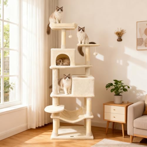 DORTALA 75" Tall Modern Cat Tree, Multi-Level Cat Tower with Large Condos, Sisal Scratching Posts, Top Perch, Hammock, Dangling Balls, Kitten Beds & Climbing Furniture for Indoor Cats (Beige)