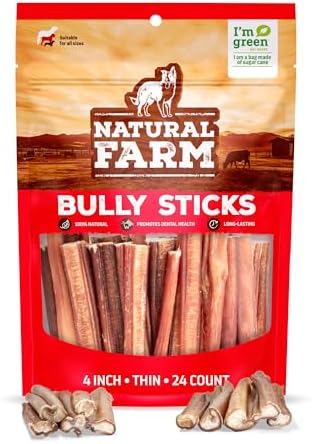 Natural Farm Odor-Free Thin Bully Sticks (4”, 24-Pack) All-Natural Long-Lasting Dog Chews, 100% Beef Pizzle, Grass-Fed, Grain-Free, Protein for Muscle Development & Energy, Perfect for Small Dogs
