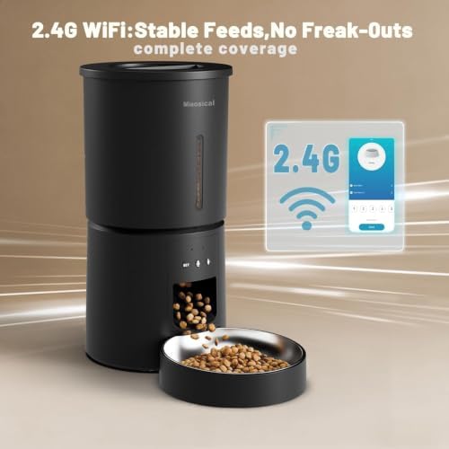 4.2L Automatic Cat Feeder,2.4G WiFi Timed Auto Cat Food Dispenser with 10s Voice Recorder,Dual Power Supply,4.2L Auto Cats Feeder(Black,Single Bowl)