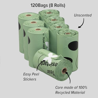 100% Compostable Doggie poop Bags, Plant Based, 8 Rolls of 15 each (120 Bags), Dog Poop pick up, Pet Waste Storage