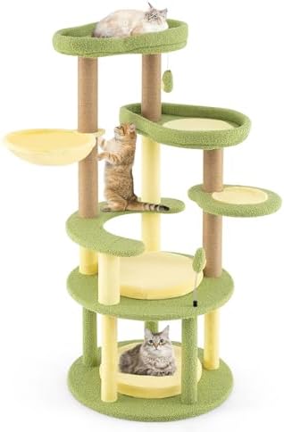 PETSITE 51-inch Avocado-Themed Cat Tree, Multi-Level Modern Cat Tower with Jute Scratching Posts, Avocado-Shaped Dangling and Spring Toy, and Removable Cushions, Cute Cat Tree Tower for Indoor Cats