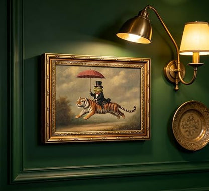 Vintage Gold Framed Whimsical Animal Wall Art, Gentleman Frog Riding Tiger Oli Painting Canvas Print, Antique Quirky Wall Decor, Anthropomorphic Fantasy Picture Poster Artwork for Bedroom Living Room