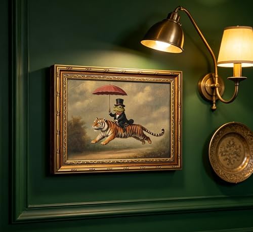 Vintage Gold Framed Whimsical Animal Wall Art, Gentleman Frog Riding Tiger Oli Painting Canvas Print, Antique Quirky Wall Decor, Anthropomorphic Fantasy Picture Poster Artwork for Bedroom Living Room