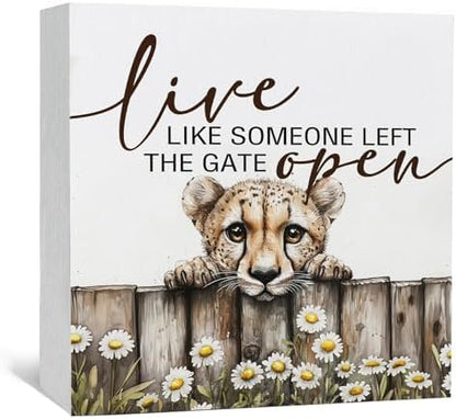 Nursery Cheetah Wooden Box Sign, Cute Live Like Someone Left the Gate Open Wooden Signs for Home Decor,Funny Animal Kitchen Bedroom Decor,Cheetah Gifts for Kids Boys Girls, 8x8