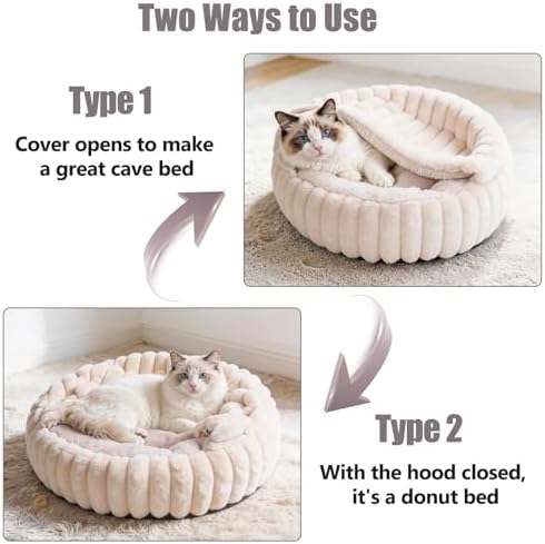 Cat Beds for Indoor Cats, 2 in 1 Cat Cave Bed Kitten Bed for Small Pets, Small Dog Bed with Cover, Pet Bed for Puppy and Kitten with Anti-Slip Bottom-Beige Pink-20 inches