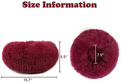 otoez Kitten Puppy Bed Extra Small XS Round Dog Cat Beds Anti Anxiety Plush Pet Calming Donut Bed with Non-Slip Waterproof Bottom, Washable (15.7", Dark Red)