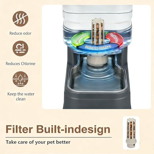 1.6 Gallon Pet Automatic Dog Water Dispenser Cat Gravity Waterer Feeder with Stainless Steel Bowl 8L Large Capacity Puppy Feeding Raised Bowls with Filter,Ice Pack (Charcoal Gray, 6L(1.6 Gallon))