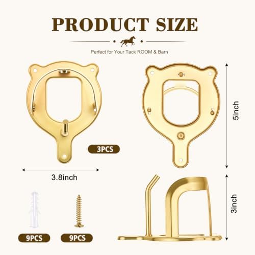 Dunzy 3 Pcs Horse Bridle Rack Bracket Bridle Hooks Tack Storage Halter Hanger Metal Holder with Tubes and Screw for Horse Barn Supplies (Gold)