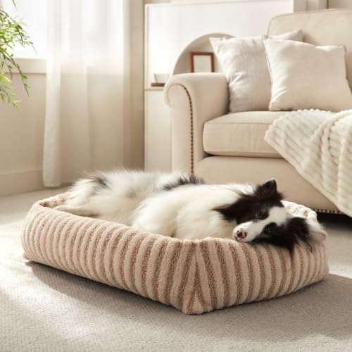 MIXJOY Dog Bed Medium Size Dog, Washable Medium Dogs Bed with Removable Cover, Soft Rectangle Doggy Ded Fluffy Plush Faux Fur Pet Bed with Anti-Slip Bottom, 30"x24"x8", Beige