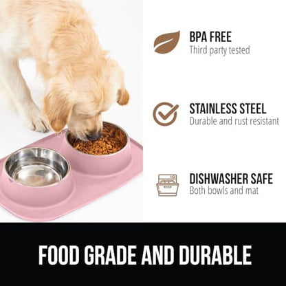 GORILLA GRIP Dog Bowl Set with Feeding Mat, 304 Stainless Steel, 2 Cup Pink