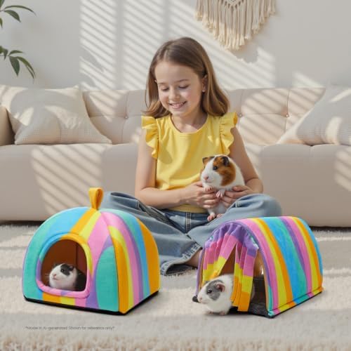 Guinea Pig Hideout Soft Large Bed Tunnel with Door Curtain 2 Pack Guinea Pig Toys Set Bunny Bed Cage Accessories for Small Animals (Rainbow)