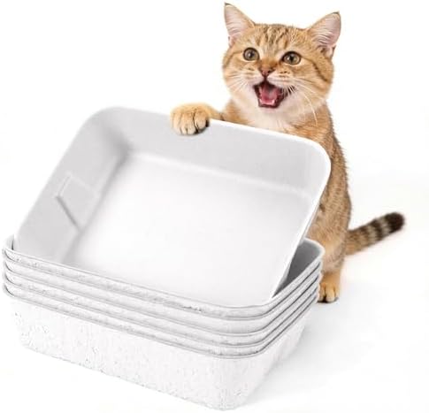 Disposable Litter Boxes for Cats, Durable and Water Resistant, Sustainable Large Disposable Litter Box, Disposable Cat Litter Boxes for Indoor/Travel Use, Standalone or as Liner (White, Large 6-Pack)
