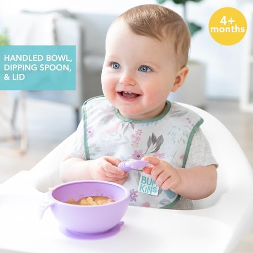 Bumkins Baby Bowl, Silicone Feeding Set with Suction for Baby and Toddler, Includes Spoon and Lid, First Feeding Set, Training Essentials for Baby Led Weaning for Babies 4 Months Up, Lavender