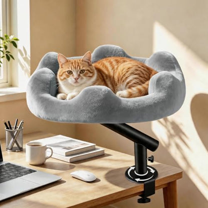 Cat Desk Bed, 360° Rotatable Adjustment Desk Cat Bed, Supports 40 lb, Detachable & Washable Cat Bed for Desk with Soft Faux Fur, for Remote Workers, Office Staff and Gamers