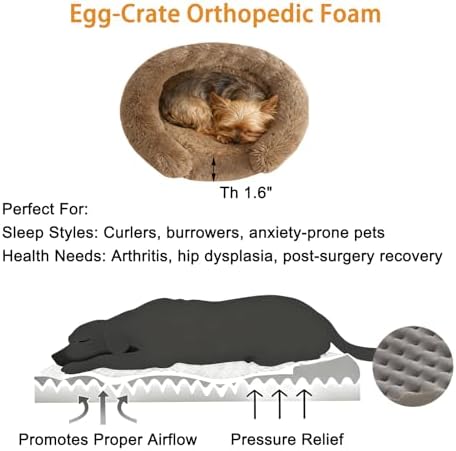 Calming Dog & Cat Beds with Orthopedic Egg-Crate Foam Raised Rim, Soft Fluffy Faux Fur Pet Bed for Small Medium Dogs, Anxiety Relief Spine Support, Machine Washable Cover (Round, Coffee 20")