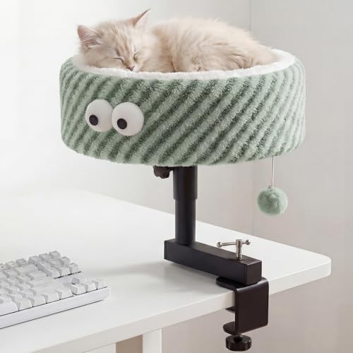 Cat Desk Bed, 2-in-1 Clamp On Desk Mount Perch & Nest, 360° Rotating Adjustable, 60 LBS Safe Weight Capacity, Washable Cushion for Small & Large Cats, Home Office Desk Hammock (Green)
