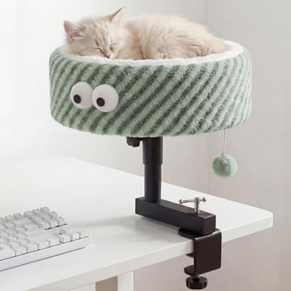 Cat Desk Bed, 2-in-1 Clamp On Desk Mount Perch & Nest, 360° Rotating Adjustable, 60 LBS Safe Weight Capacity, Washable Cushion for Small & Large Cats, Home Office Desk Hammock (Green)