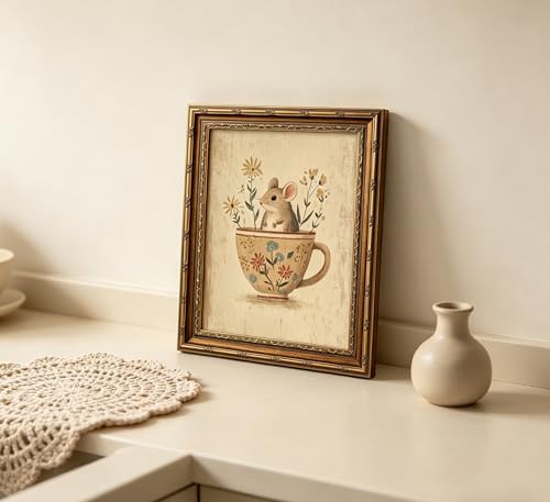Vintage Gold Framed Mouse Wall Art, Rat in Floral Teacup Canvas Print, Cottagecore Whimsical Animal Picture Wall Decor, Antique Rustic Farmhouse Poster Artwork for Nursery Bedroom Living Room