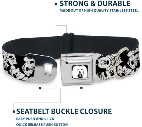 Buckle-Down Seatbelt Buckle Dog Collar - Mickey Mouse Expressions Stacked White/Black - 1.5" Wide - Fits 16-23" Neck - Medium