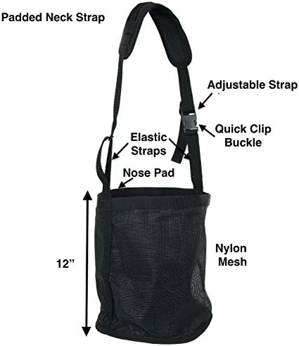 Majestic Ally Horse Feed Bag, Heavy Duty Nylon Mesh Grain Feed Bag, Adjustable Strap with Durable Snap and Elastic Straps, Comfort Neck Pad and Nose Pad- Large (Cob, Black)