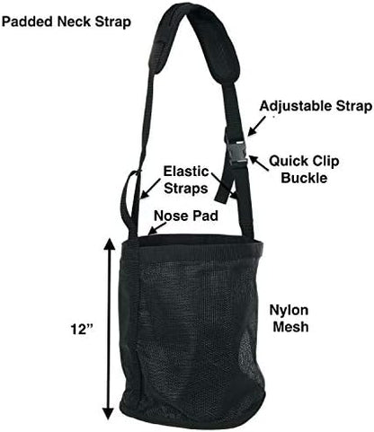 Majestic Ally Horse Feed Bag, Heavy Duty Nylon Mesh Grain Feed Bag, Adjustable Strap with Durable Snap and Elastic Straps, Comfort Neck Pad and Nose Pad- Large (Cob, Black)