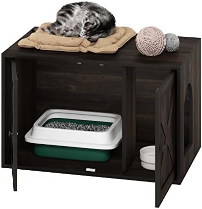Furinno PELI Cat Litter Box Enclosure, Farmhouse Hidden Litter Box Furniture with Side Entrance, Wooden Pet House with Slatted Door, Easy Assembly, for Living Room, Ebony