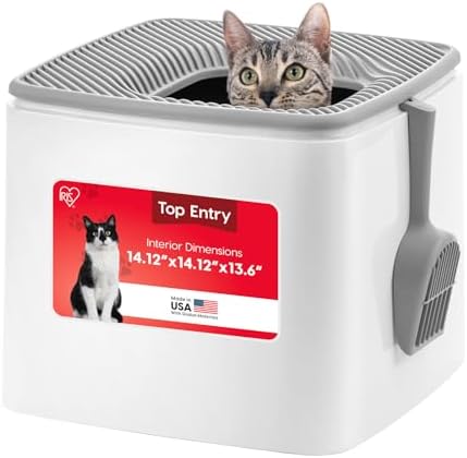 IRIS USA Large Top Entry Cat Litter Box, Hooded Privacy, White/Gray