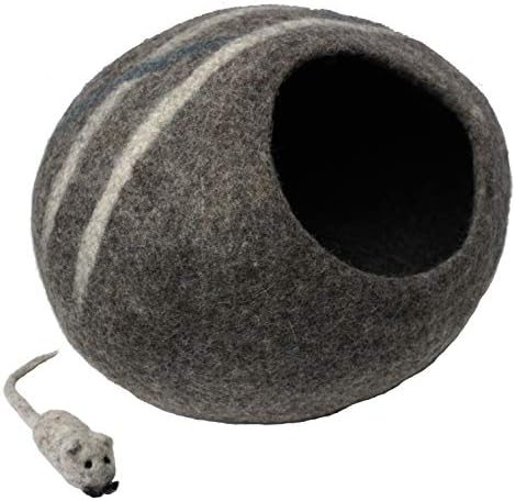 100% Wool Felt Cat Cave Bed Handmade in Nepal with Free Mouse Toy Included (Gray Stripe)