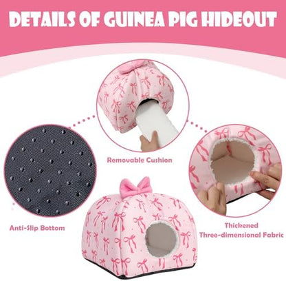 JarThenaAMCS Washable Guinea Pig House Bed Pink Bow Bunny Hideout Cage Accessories Reusable Hideaway for Ferret Hedgehog Small Animal, 9.5 x 9.5 x 8 Inch