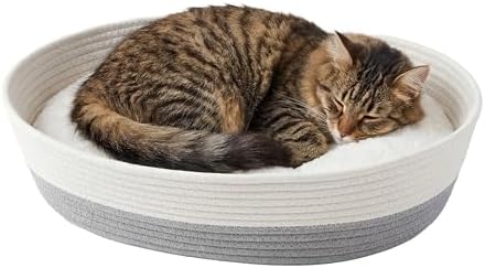 Kitty City Woven Cat Bed with Removable Washable Cushion, Cozy Braided Rope Indoor Cat Bed with Natural Catnip, Warm Round Cat Bed for Small to Medium Cats, 14” x 19" - White/Grey