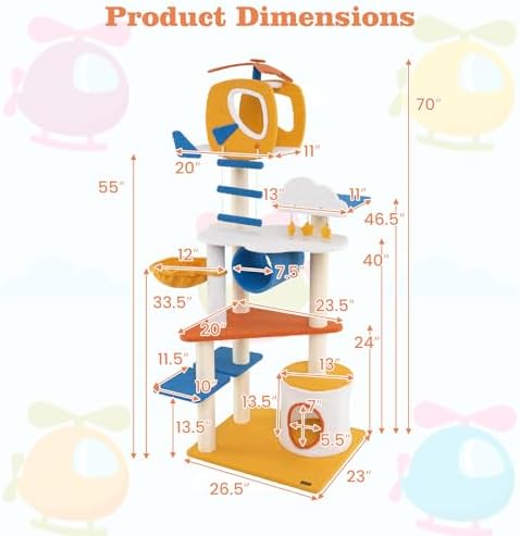 PETSITE 70 inch Tall Aviation-Themed Cat Tree Tower, Multi-Level Cute Cat Tower with Sisal Scratching Posts, Helicopter Top Perch, Basket Bed, Tunnel, Climbing Ladder, and Star-Shaped Hanging Toys
