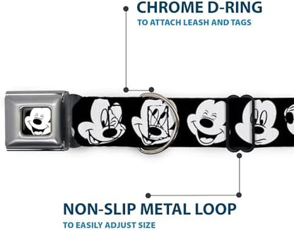 Disney Pet Collar, Dog Collar Metal Seatbelt Buckle, Mickey Mouse Expressions Close Up Black White, 20 to 31 Inches 1.5 Inch Wide