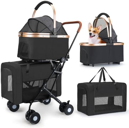 Double Pet Stroller for Small Medium Dogs - 4 In1 Dog Stroller for 2 Pets, Detachable and Foldable with 360°Rotating Wheels, Easy Assembly and Compact Size (Black)