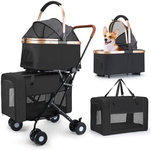 Double Pet Stroller for Small Medium Dogs - 4 In1 Dog Stroller for 2 Pets, Detachable and Foldable with 360°Rotating Wheels, Easy Assembly and Compact Size (Black)