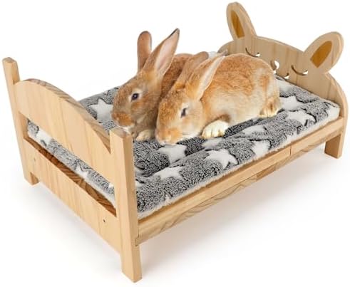 Large Wooden Rabbit Bed, 2-in-1 Bunny Bed with Gray Star Mat