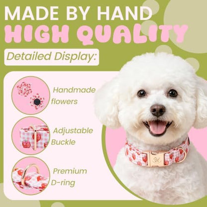 Elegant little tail Dog Collar with Flower, Pink Gingham Plaid with Strawberry Print Summer Girl Pet Collars Cute Puppy Collar Adjustable Collars for Small Medium Large Dogs, Summer Party, M