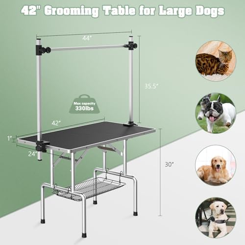 Lyromix 42'' Stainless Steel Pet Dog Grooming Table, Arm/Noose/Tray, Black