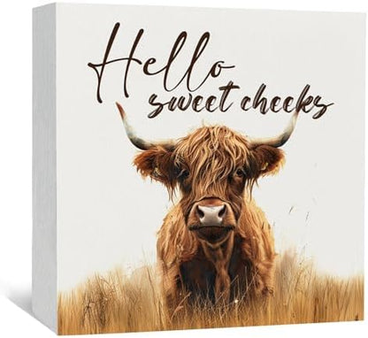 Highland Cow Bathroom Decor Sign, Hello Sweet Cheeks Wooden Box Signs, Highland Cow Gifts For Women Lovers,6x6