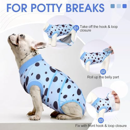 Kuoser Dog Surgery Suit, Soft Dog Spay Recovery Suit Female, Anti Licking Neuter Recovery Suit for Male Dogs, Post-Op Pet Surgical Suit Protective Wear E-Collar & Cone Alternative,Blue Polka Dots 2XL
