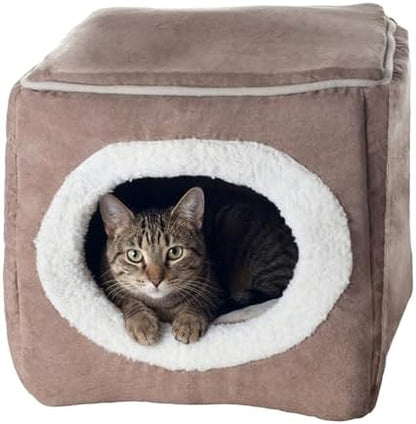 Cat House - Indoor Bed with Removable Foam Cushion - Cat Cave for Puppies, Rabbits, Guinea Pigs, and Other Small Animals by PETMAKER (Light Brown)