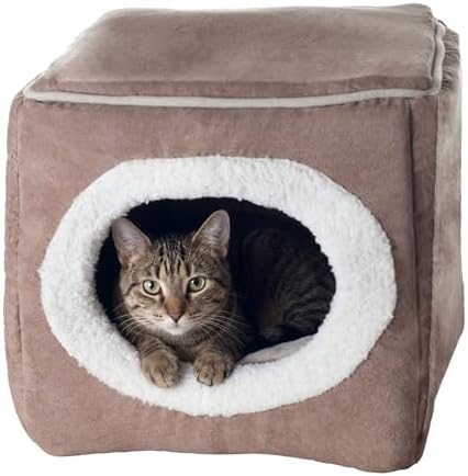 Cat House - Indoor Bed with Removable Foam Cushion - Cat Cave for Puppies, Rabbits, Guinea Pigs, and Other Small Animals by PETMAKER (Light Brown)