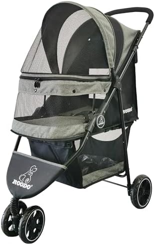 ROODO 3 Wheel Dog Pet Cat Stroller Best Lightweight Foldable Compact Portable Jogger All Terrain Travel Pet Gear Puppy Kitty Stroller for up to 30lbs Medium Small Dogs and Cats(Cationic ash)